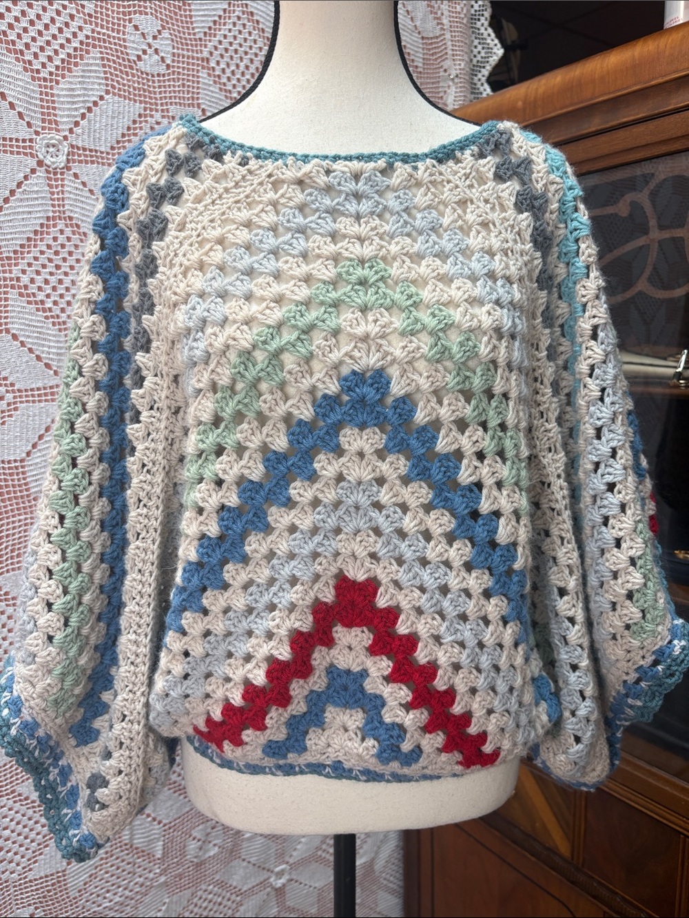 Upcycled Crochet Afghan Granny Square Sweater – One of a Kind
Sz S-L